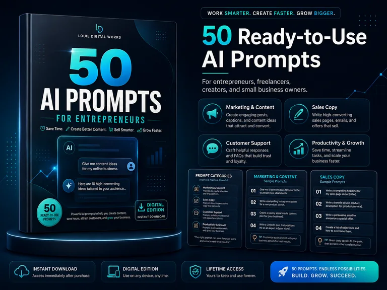 Cover of 50 AI Prompts for Entrepreneurs by Louie Digital Works